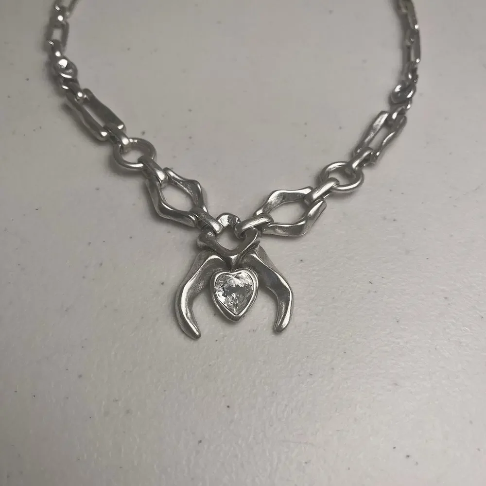 Silver Tone Heart Pendant Necklace Chunky Chain Bracelet Set Statement Bold Y2K